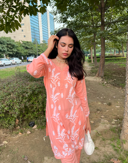 Srishti Rana Fizaa Chikankari Short Modal Kurta Set - Peach
